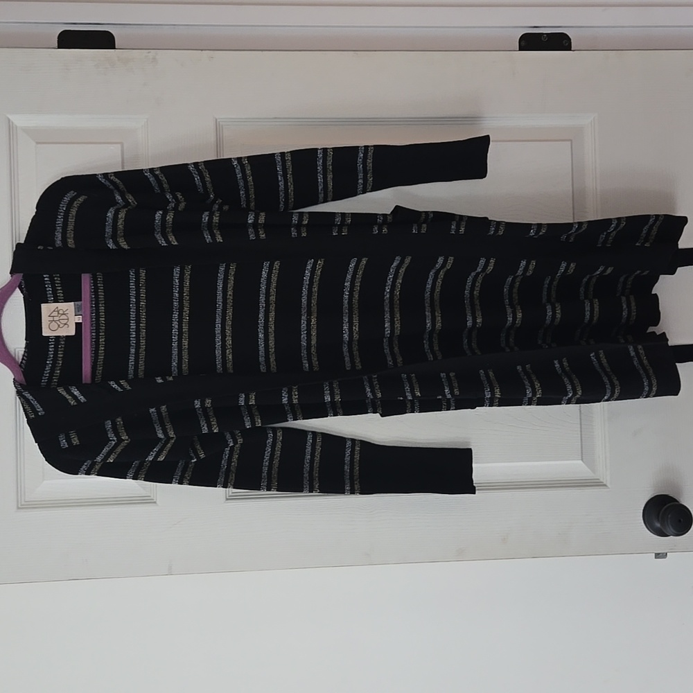 NWOT CHASER Metallic Striped Hooded Duster Cardigan Sweater Belted Silver Gold - Picture 3 of 7